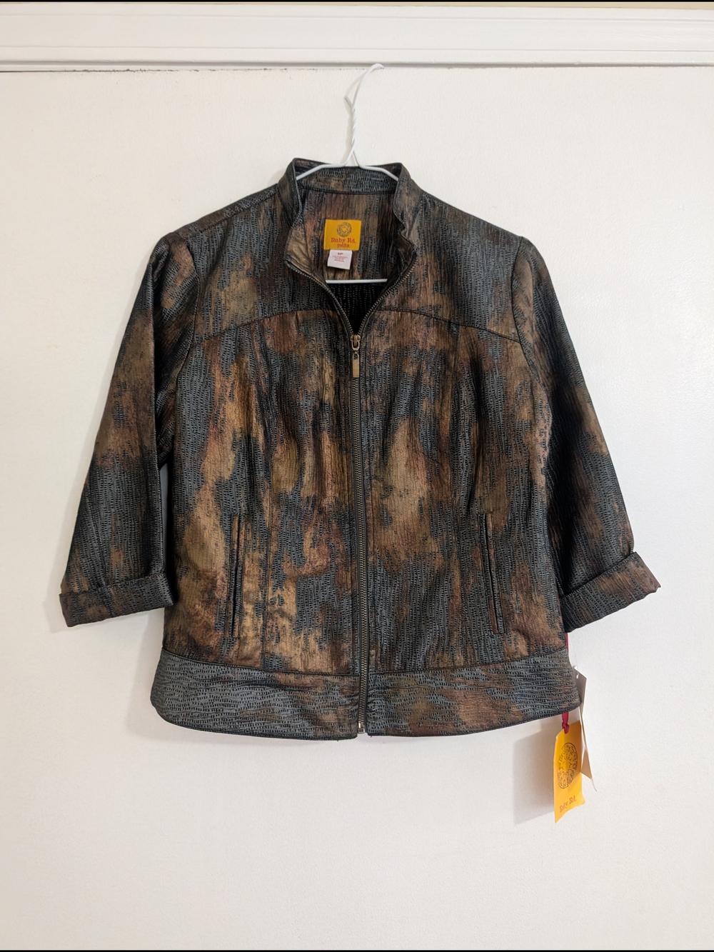 Ruby Rd Metallic Bronze Textured Abstract Print Zip Jacket Brocade Jacquard Art
